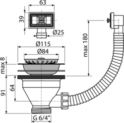 Sifonová vpusť 6/4"x115mm 3,5" A38 s přepadem,nerez vršek ALCAPLAST plast A38