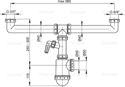 Sifon pro dvoudřez s převlečnými maticemi 6/4 a přípojkou ALCAPLAST A448P-DN50/40