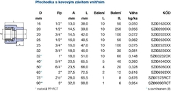 WAVIN EKOPLASTIK PPR přechodka 25mm, 3/4", s kovovým závitem vnitřním, svařovací, voda, PP